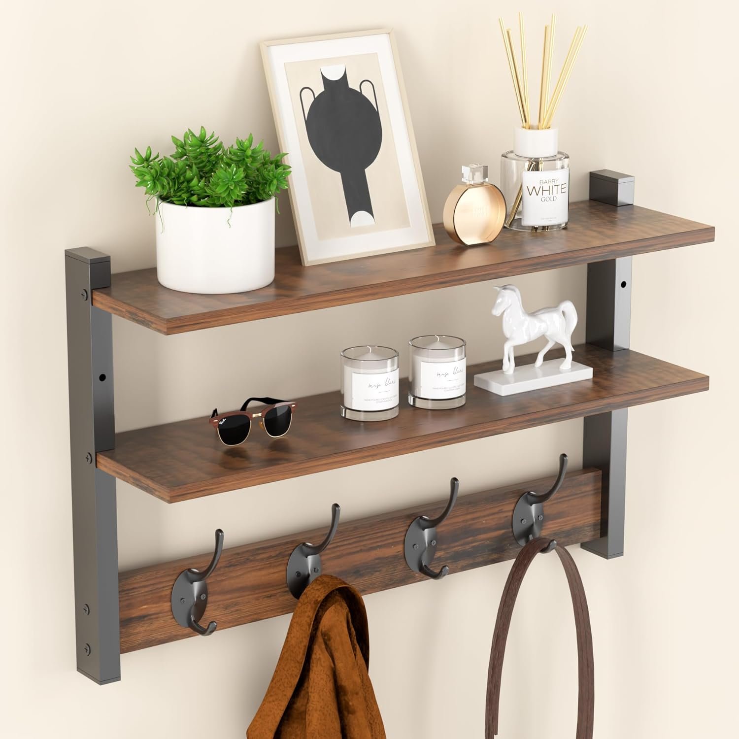 Two-Tier Wall Shelf with Hooks, 17″ Coat Rack Wall Mount with Shelf, Key Hooks for Wall with Heavy Duty Double Hooks, Coat Hook Wall Mounted for Bedroom, Living Room, Rustic Brown