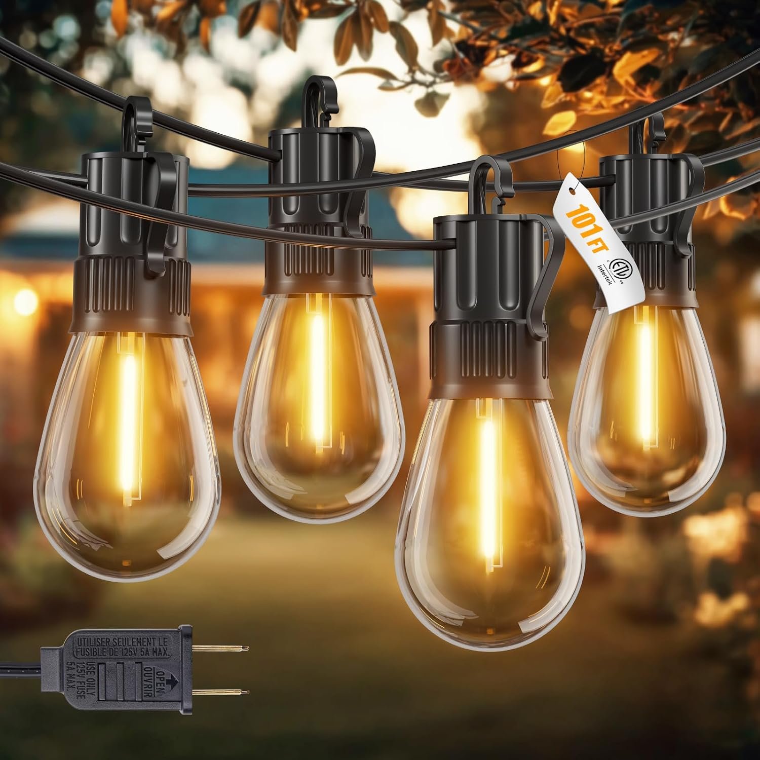 Minetom 101FT Outdoor String LED Patio Lights Waterproof, Shatterproof S14 Vintage Edison Bulbs, Commercial Grade Outside Hanging Lights for Porch Deck Garden Backyard Balcony Cafe Bistro