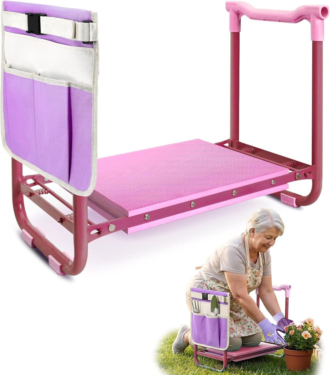 Garden Kneeler and Seat Heavy Duty, Foldable Gardening Stool Bench with Widened Thick Soft Kneeling Pad and Tool Pouches – 2-in-1 Portable Kneeling Device for Seniors (Purple)