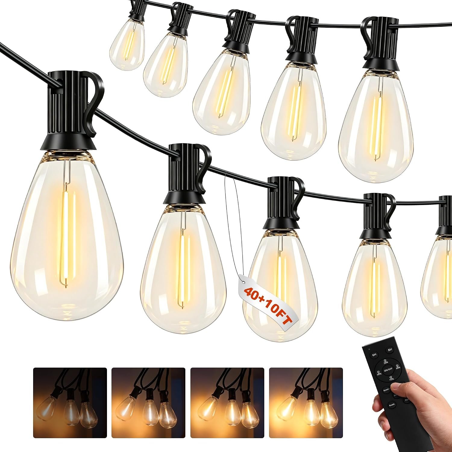 50(40+10)FT Outdoor String Lights, 15m Waterproof Remote LED Patio Lights with 19+1 S11 Bulbs 10FT Extension Cable, Dimmable Outside Hanging Lights for House, Porch,Yard,Garden,Bistro, Gazebo lighting