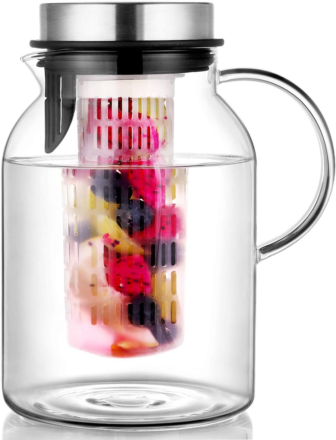 Glass Water Pitcher, Fruit Infuser Pitcher with Removable Lid, High Heat Resistance Infusion Carafe for Hot/Cold Water, Flavor-Infused Beverage & Iced Tea – 2 Qt