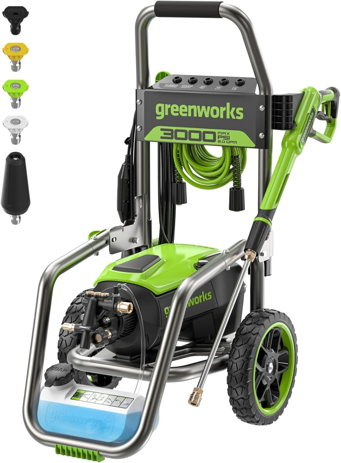 Greenworks 3000 PSI (2.0 GPM Max) Brushless Electric Pressure Washer (15°, 25°, 40°, Turbo and Soap Nozzle) for Use On Decks, Fences, Driveways, Sidewalks, Siding & More. Heavy-Duty