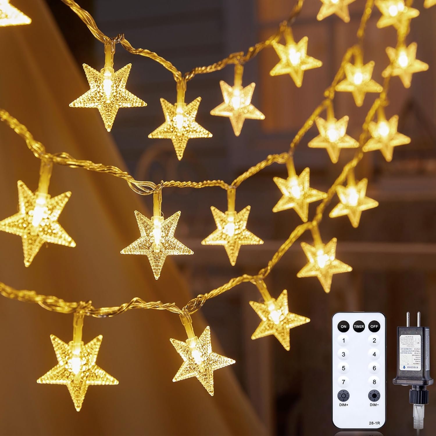Star String Lights Plug in – 33 ft 100 LED Star Fairy String Lights with Remote and Timer, Waterproof for Bedroom Porch Wedding Party Patio Garden Tent Indoor Outdoor Décor, Warm White | 33ft Durable Wire, 100 LED Star Bulbs, Warm White Glow, Adjustable Brightness, Waterproof for Bedroom Porch Tent Indoor Décor