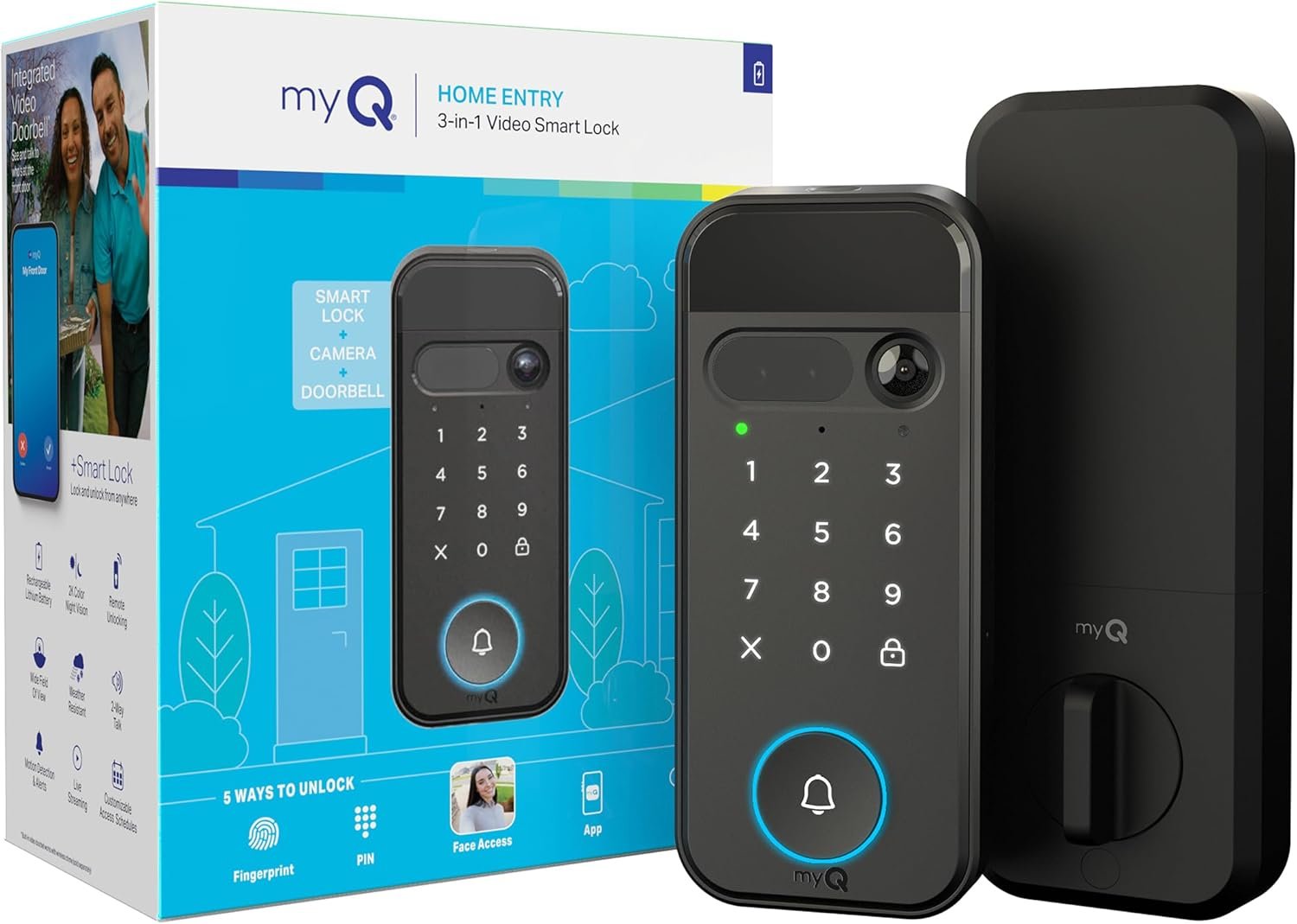 myQ Secure View™ 3-in-1 Smart Lock with 2K HDR Video Doorbell Camera, Face Access, Fingerprint Access, PIN & App Control — Intelligent Entry with Built-in Camera, Color Night Vision & Two-Way Audio