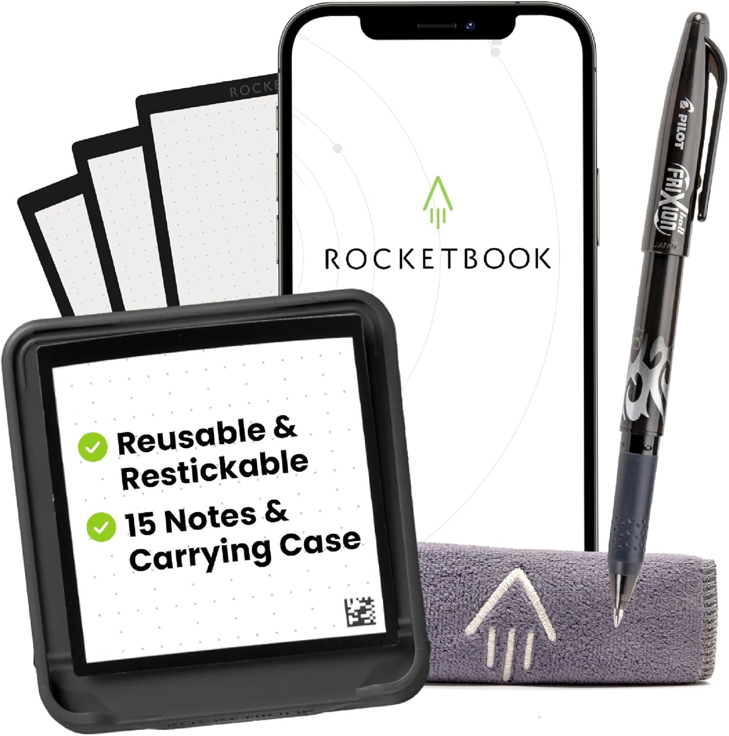Rocketbook Reusable Sticky Notes Starter Pack, Restick and Reorganize Memo Pads, 3″x3″, 15 Black Sticky Notes, Includes Pen, Towel + Carrying Case (Kit of 1)