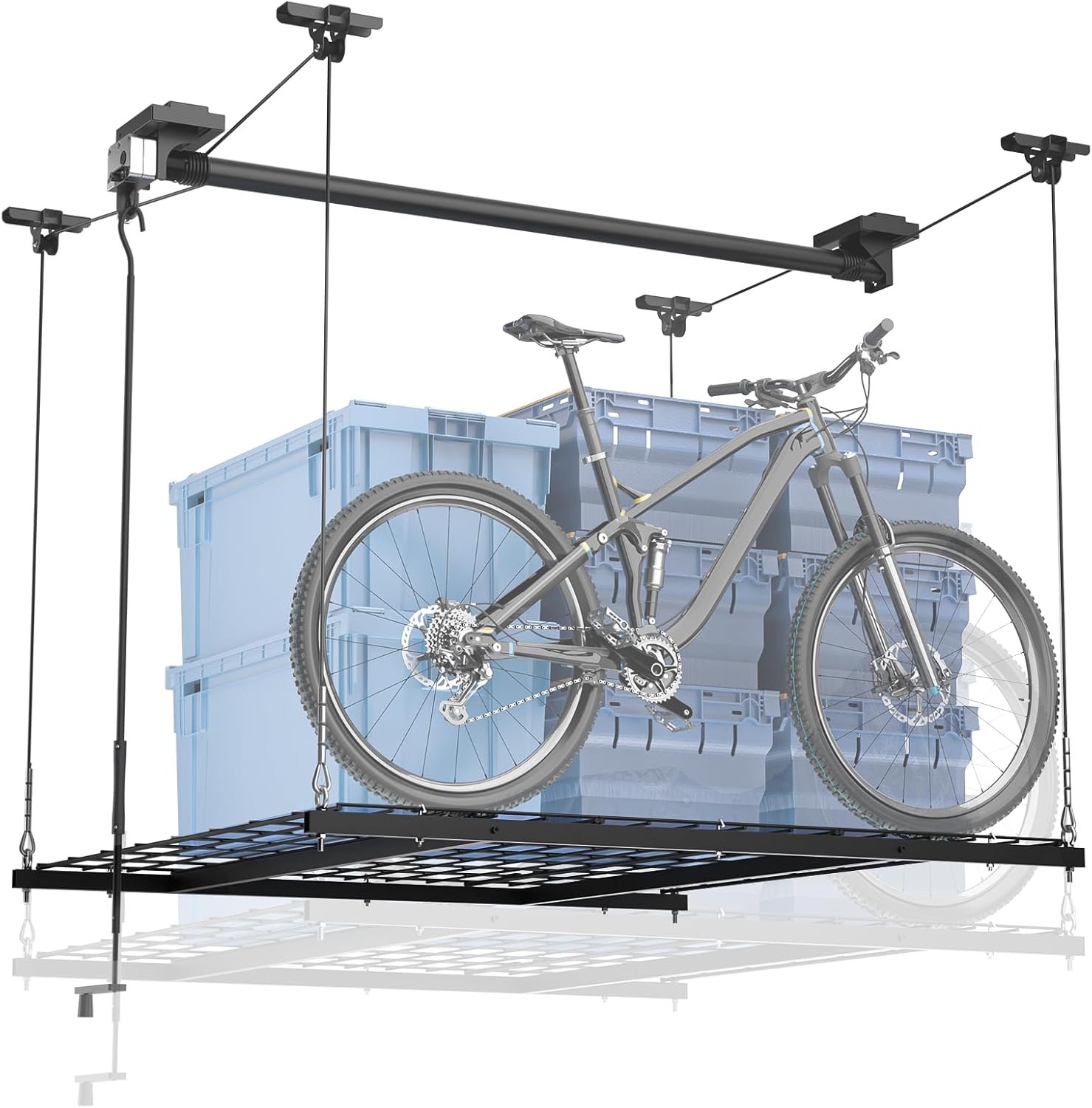 GADFISH Garage Ceiling Lift Storage Rack, Easy Lifting 85″ Height 4×4 Ft Overhead Garage Storage Rack for Space Saving with Safety Lock, Suitable for 16″/24″ Ceiling, 350LBS Capacity