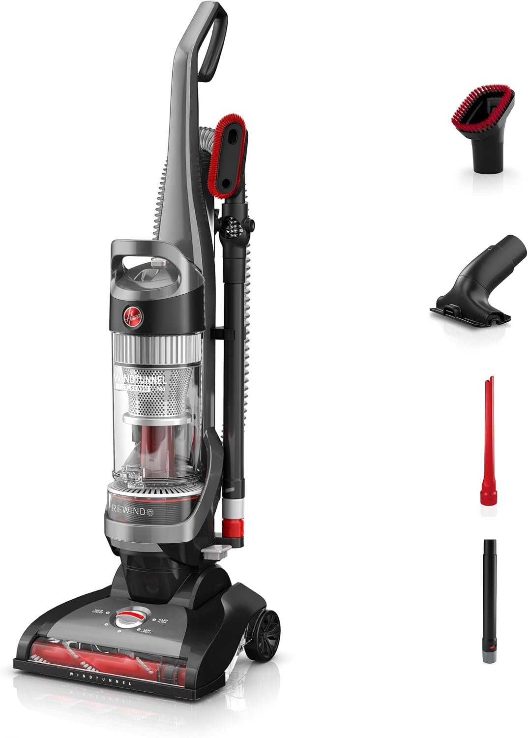 Hoover WindTunnel Cord Rewind Pro Bagless Vacuum Cleaner, Corded Upright Vacuum Cleaner for Carpet and Hard Floor, Multi-Cyclonic Filtration, 25ft Auto-Rewind Cord, 5-Height Adjustment