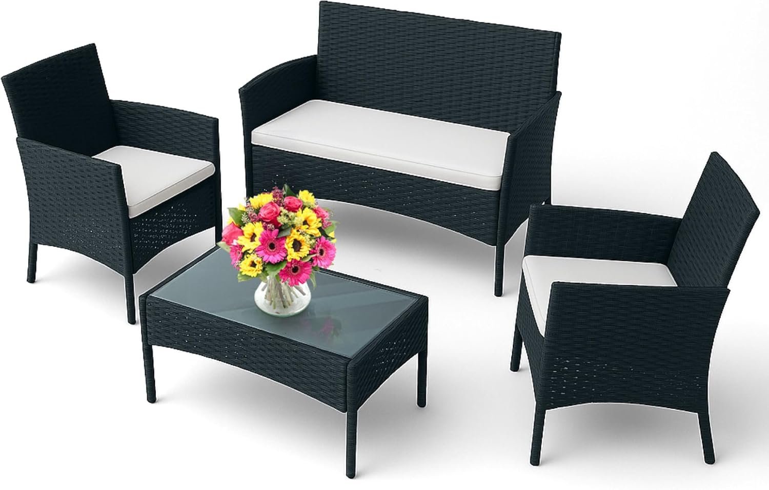 EconoHome 4-Piece Outdoor Patio Furniture Set – Patio Set with 2 Rattan Chairs, 1 Loveseat & 1 Glass -Top Coffee Table – Weather-Proof Wicker with Cushions – Conversation Set for Porch, Balcony, Lawn