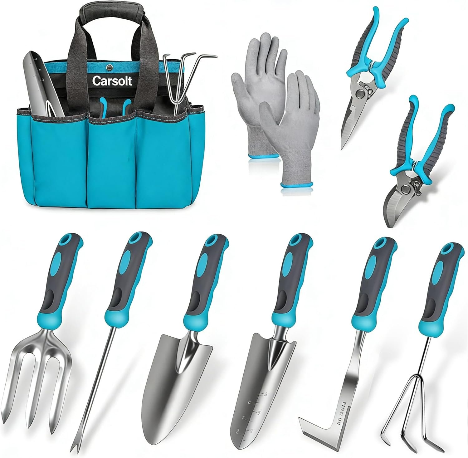 Gardening Tools, Carsolt 10 Piece Heavy Duty Stainless Steel Garden Tools Set with Ergonomic Rubber Handle. Variety of Gardening Hand Tools with Gift Box Ideal Garden Gifts for Women
