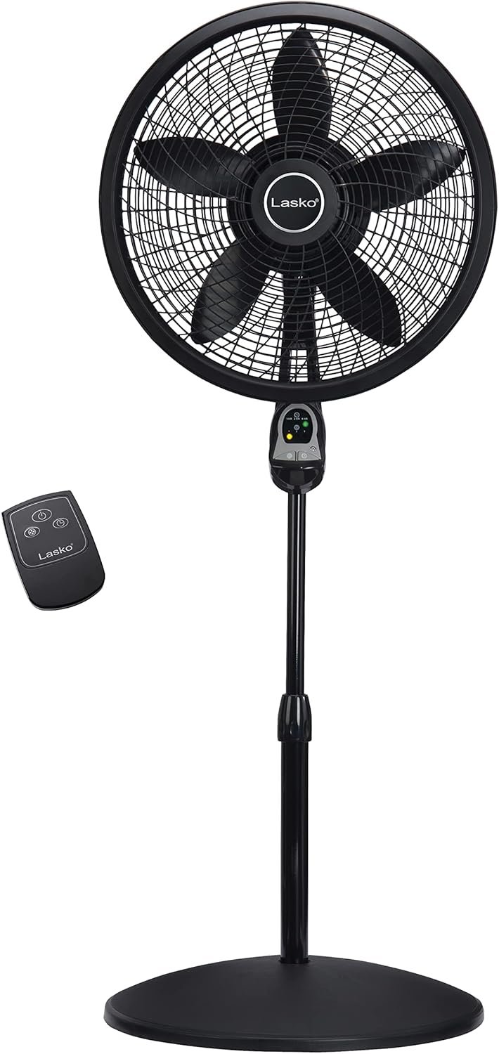 Lasko Oscillating Cyclone Pedestal Fan with Remote Control – Cooling Standing Fan for Bedroom, Living Room, and Home Office – Adjustable Height – 3 Quiet Speeds – 1843 – 18″ Blade Diameter – Black