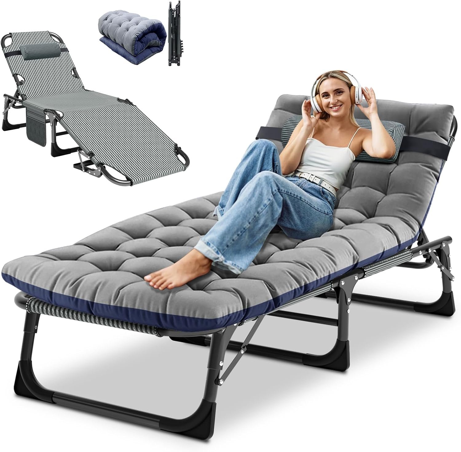 DoCred Heavy Duty Chaise Lounge Chair, Adjustable 5-Position Folding Chaise Lounge Chairs for Outside, Portable Lay Flat Beach Lounge Chair for Outdoor Sunbathing Beach Pool Lawn Camping