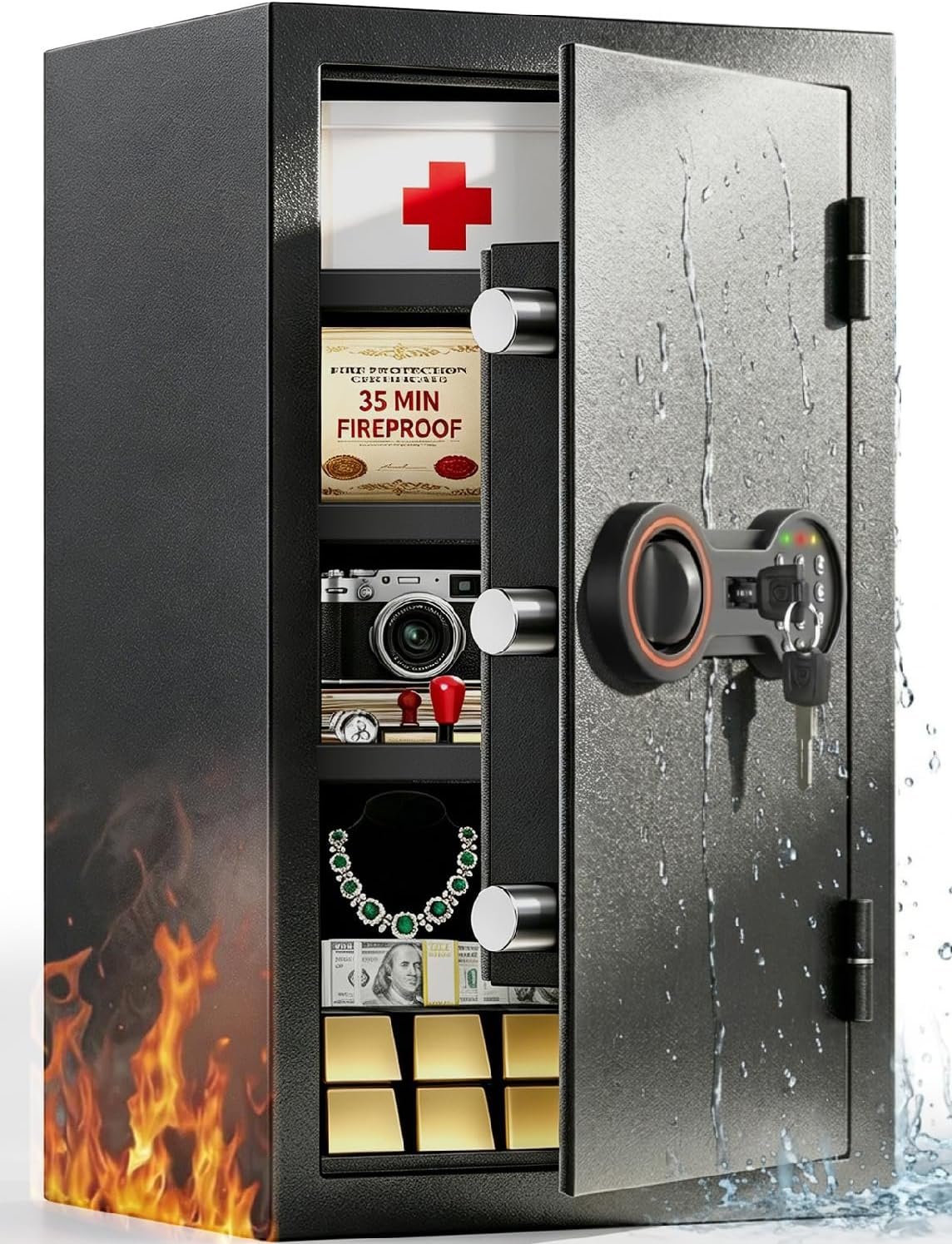 2026 35-Min 1700°F Fire Proof Safe for Home Documents, 23.7″ Tall 43Lbs Fireproof Safe Box, Alarm System, LED Light, Wall Mount Fire Safe for Closet Bedroom, Safes for Home Use Fire Waterproof