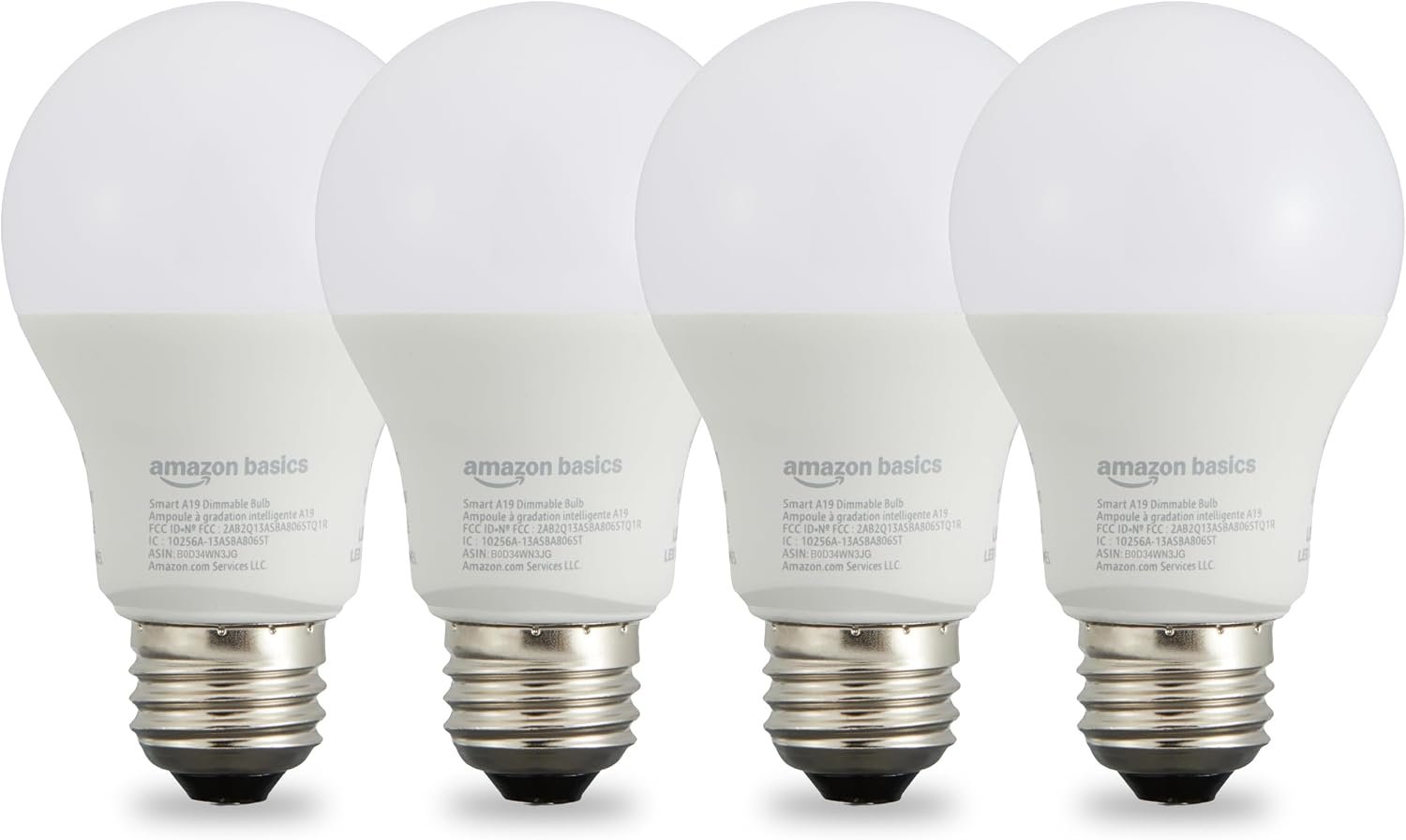 Amazon Basics Smart A19 LED Light Bulb, Dimmable Soft White (2700K), 9W (60W Equivalent), 800LM, Energy Efficient, Works with Alexa Only, 2.4 GHz Wi-Fi, No Hub Required, 4-Pack
