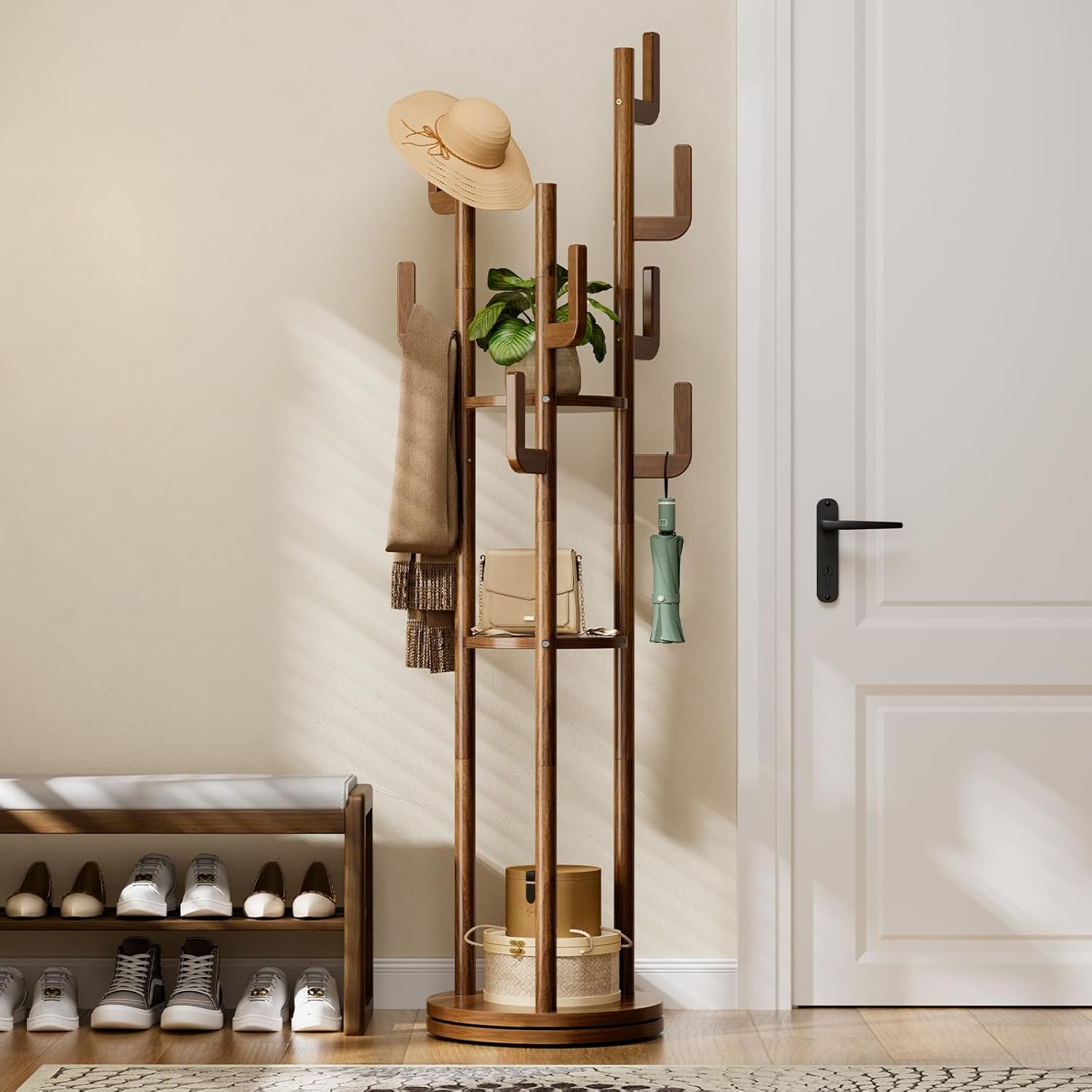 Yoobure Rotary Coat Rack Freestanding – Solid Wood Coat Tree with 9 hooks & 3 Storage Shelves for Purse, Bag, Jacket, Hat, Corner Hanger Stand Racks for Hall, Entryway, Office, Modern Clothes Holder
