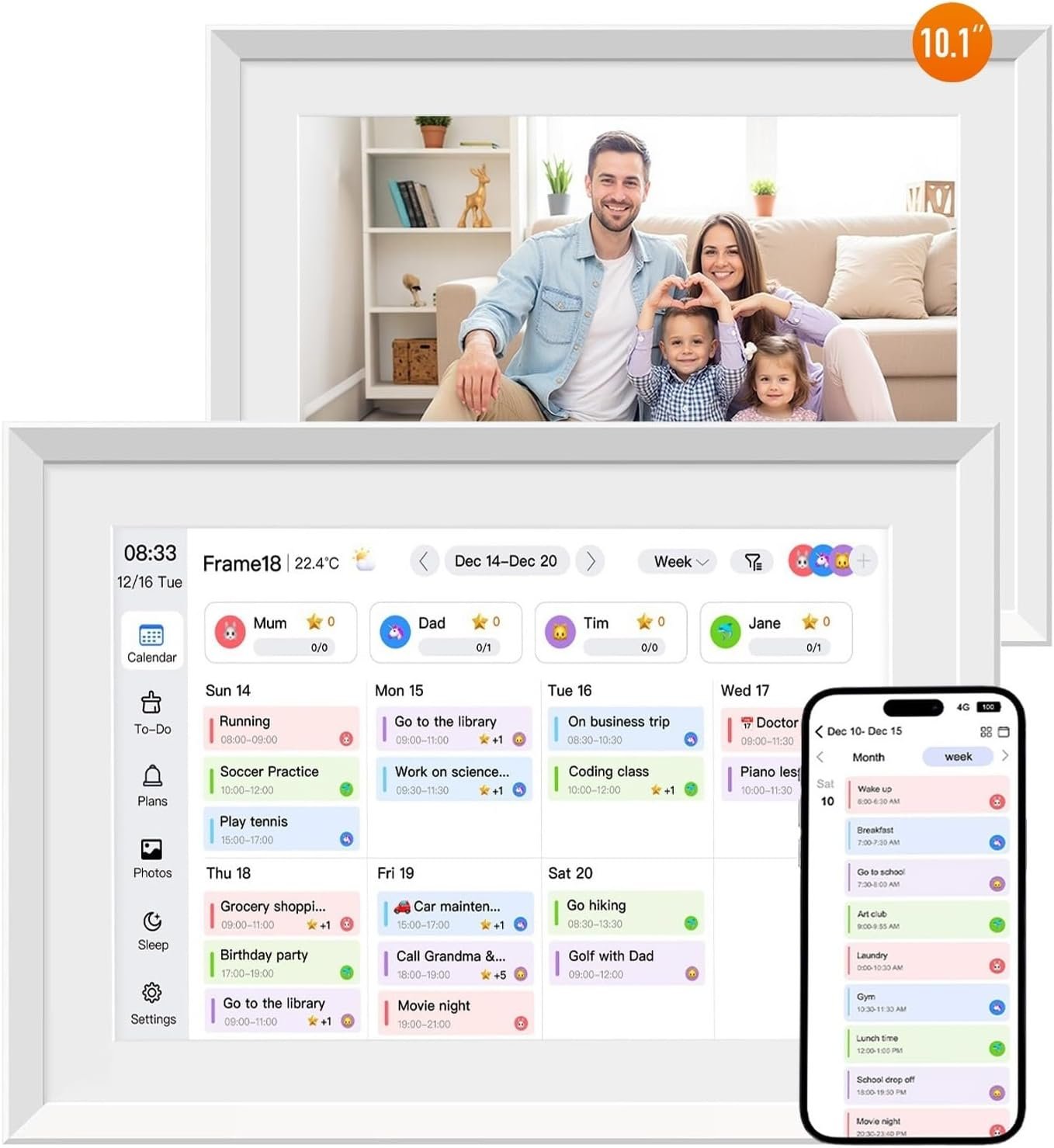 10.1″ Smart Digital Calendar and Cloud Photo Frame Wall Planner with Chore Charts Meal Planning 32GB Storage 1280x800P IPS Touchscreen Desk Calendar Interactive Display for Family Schedules White