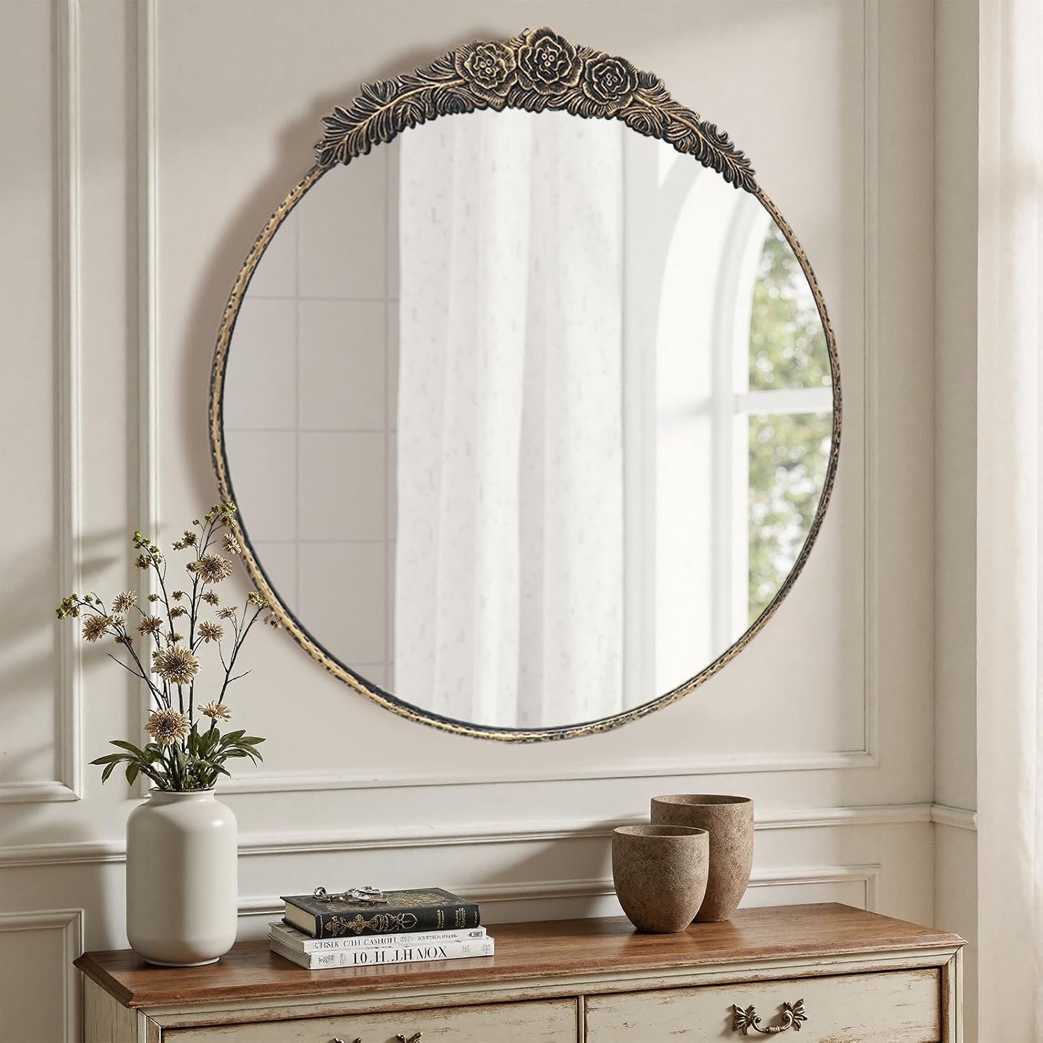 Growsun Round Wall Mirror with Vintage Black Floral Frame – 24 Inch Decorative Wall Mirror for Living Room, Bedroom, Entryway, Bathroom Vanity – Elegant Antique Accent Home Décor