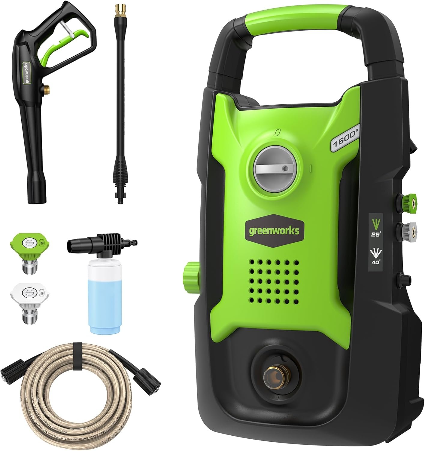 Greenworks 1600 PSI (1.2 GPM) Electric Pressure Washer (25°, 40°, Soap Applicator) Ideal For Cleaning Cars, Trucks, Boats, Outdoor Patio Furniture, Decks, and Windows
