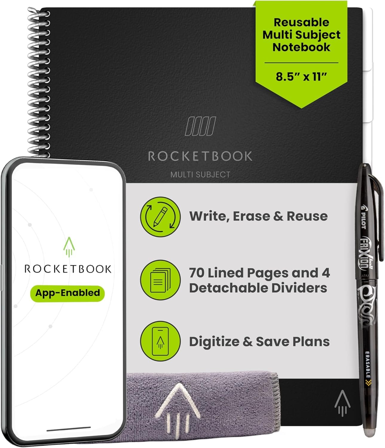 Rocketbook Multi-Subject Reusable Smart Notebook, Notebook For School and Work, 70 Lined Pages Multi-Subject, 4 Adjustable Dividers, Letter Size 8.5×11, Black