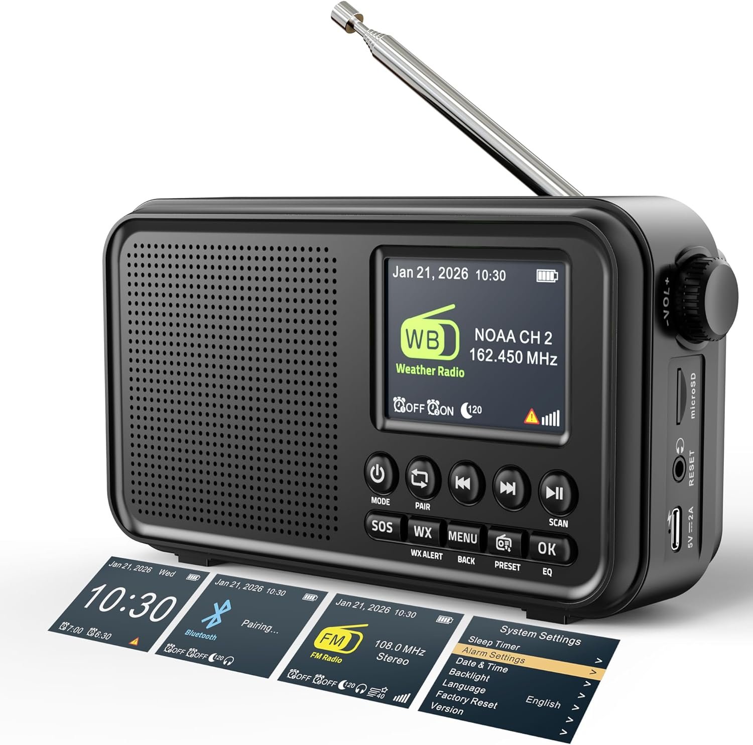 ROCAM Portable Radio, FM Radio with 40 Presets, NOAA Weather Alert, Bluetooth 5.0 Speaker with 6 EQ, Dual Alarm Clock Sleep Timer, 2.4″ Color Screen, 3000mAh Rechargeable Battery for Home & Outdoor
