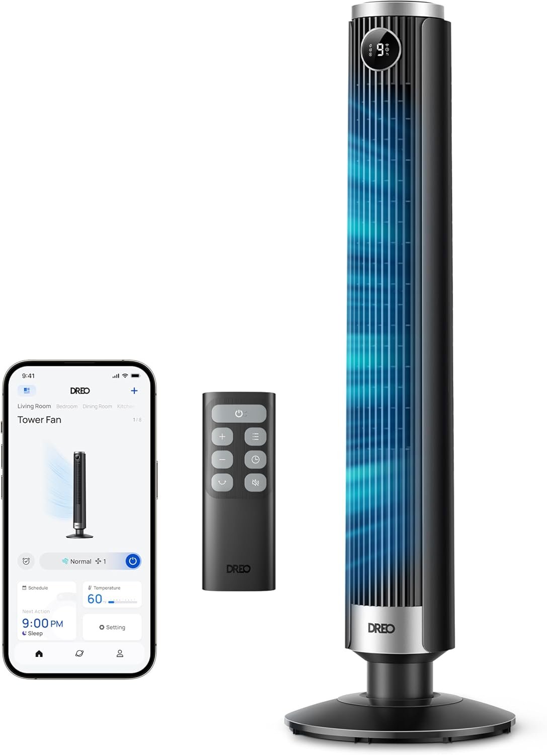 DREO Smart Tower Fan for Bedroom, 40”-45” Adjustable Height, 28 ft/s Velocity, DC Motor, 9 Speeds, 4 Modes, 90°Oscillating, Standing Fan, 20dB Quiet, 12H Timer for Home, Office, Google/Alexa, Black