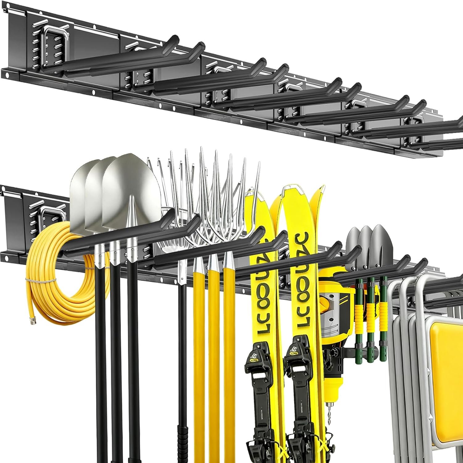 Garage Tool Organizer Wall Mount, 48 Inch Heavy Duty Garden Tool Organizer Storage System, Easy Install with 6 Adjustable Straight Hooks, for Garage, Basement, Shed, Workshop, Black, Steel