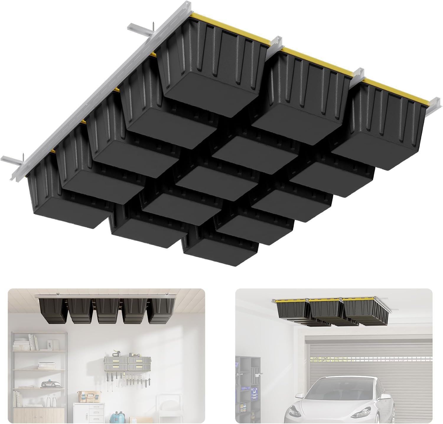 Overhead Garage Storage Rack Extra Large-Organizes Up to 15 Tote Bins 0.1-inch Thickened Heavy Alloy Steel Garage Tote Storage System with Adjustable Rails-Ceiling Storage Rack
