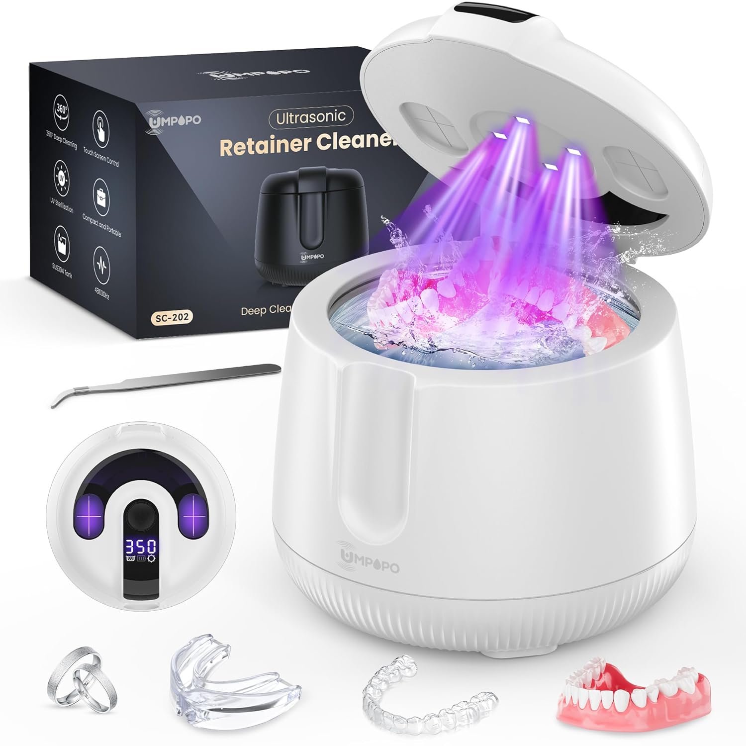Ultrasonic Retainer Cleaner Machine 48kHz, Dental Cleaning Pod, Ultrasonic Retainer Cleaner for Dentures, Aligners, Mouth Guards, Toothbrush Heads and Jewelry with 200ML Capacity, LAB Supply | Gentle cleaning action works well on mouth guards, toothbrush heads, jewelry