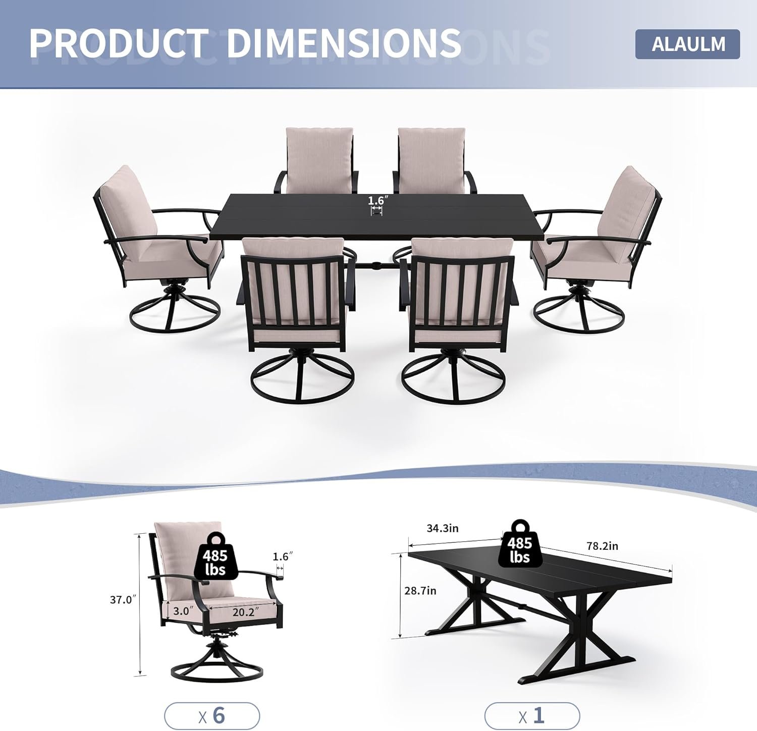 ALAULM 7-Piece Patio Dining Set,Outdoor Metal Dining Set with 6 Swivel Chairs & Rectangle Table with 1.5 Umbrella Hole, Patio Dining Table and Chairs for Backyard, Sand