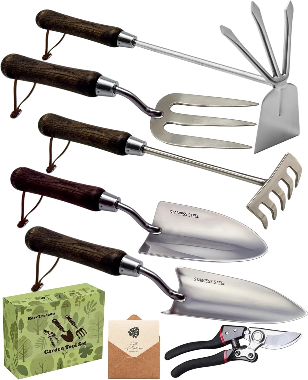 Garden Tool Set, 6PCS Heavy Duty Stainless Steel Gardening Hand Tools with Ropes, Includes Hand Cultivator Shovel Trowel Transplanter 2-in-1 Hoe Pruner, Ideal Gardening Gifts for Women Men (Upgrade)