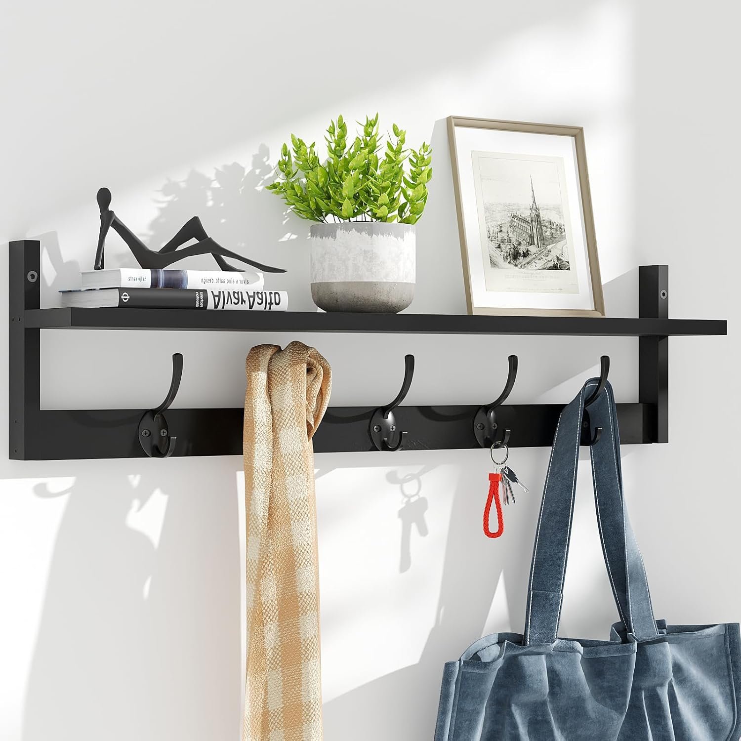 BAMEOS Wall-Mounted Shelf with Hooks – 28.9 Inch Entryway Hanging Shelf with 5 Dual Hooks for Bathroom, Living Room, Bedroom (Black)