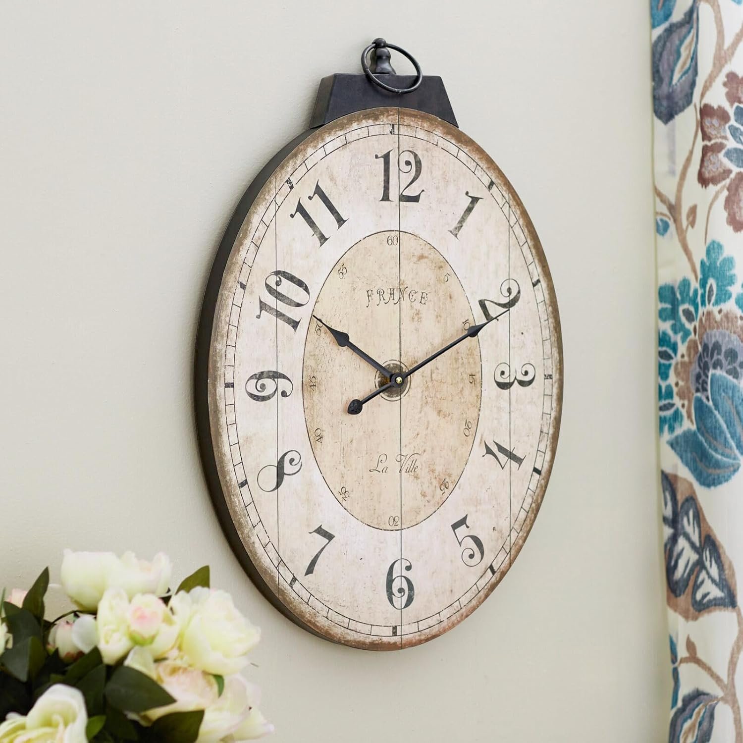 24″ H x 18″ W Large French Country Oval Wall Clock for Living Room Decor, Rustic Farmhouse Wall Clock Decorative, Solid Wood Frame with Iron Hanging Ring, Silent Non-Ticking Battery Operated