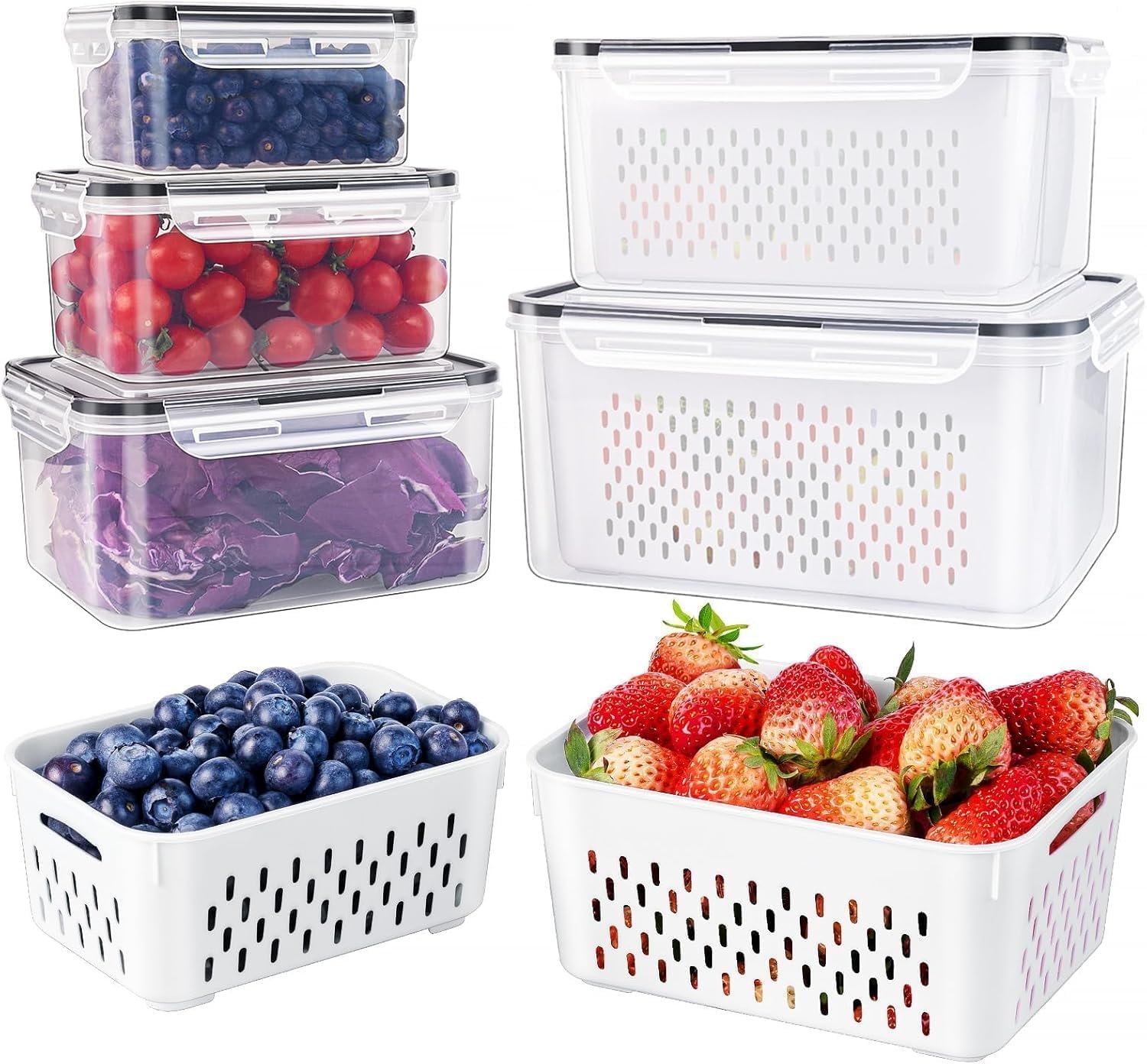 5 PCS Large Fruit Containers for Fridge – Leakproof Food Storage Containers with Removable Colander – Dishwasher & microwave safe Produce Containers Keep Fruits, Vegetables, Berry, Meat Fresh longer