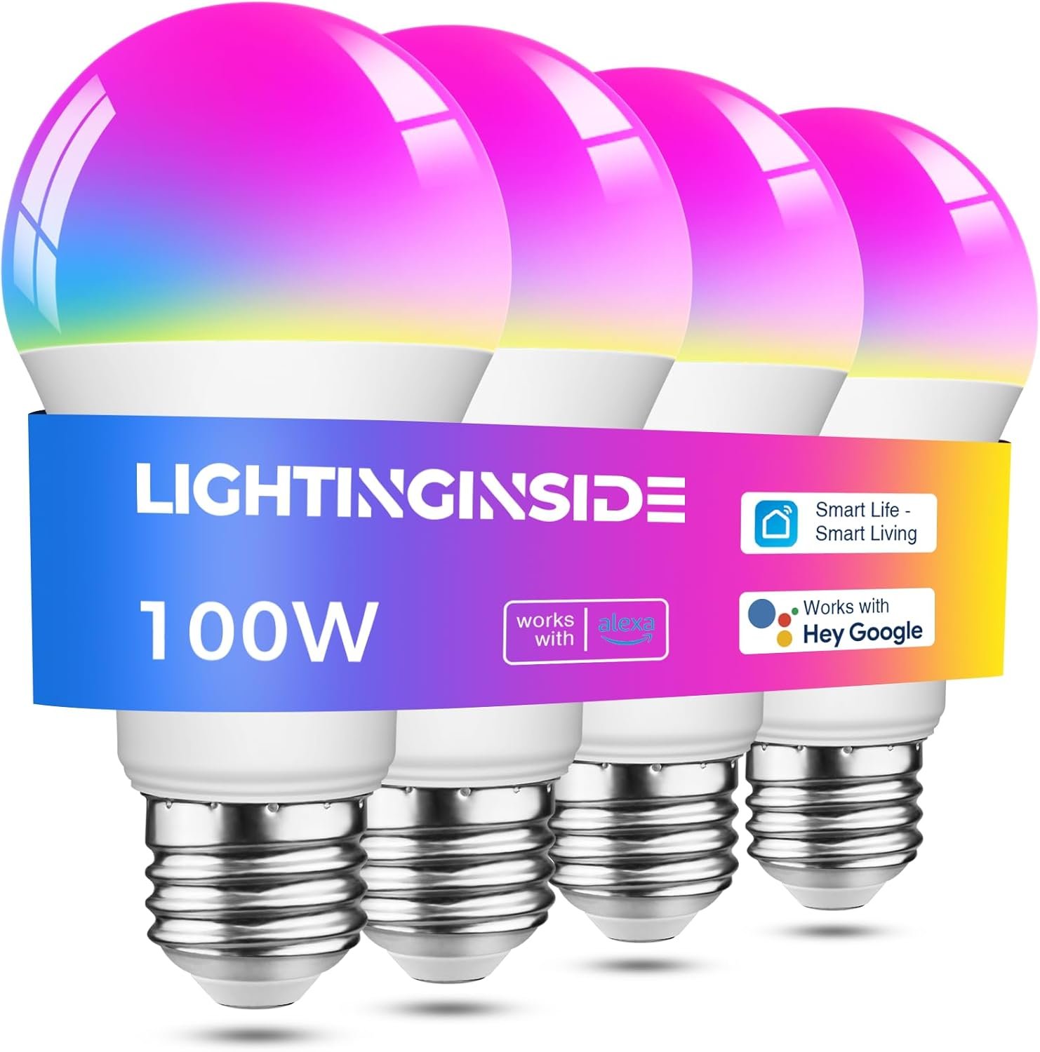 Lightinginside Smart Light Bulbs 100W Equiv., 1350LM 11W Smart Bulb Works with Alexa/Google Home/SmartLife, A19 E26 RGBCW Color Changing Bulbs, No Hub Required, 2.4G WiFi & BLE Bulb, ETL Listed, 4PCS