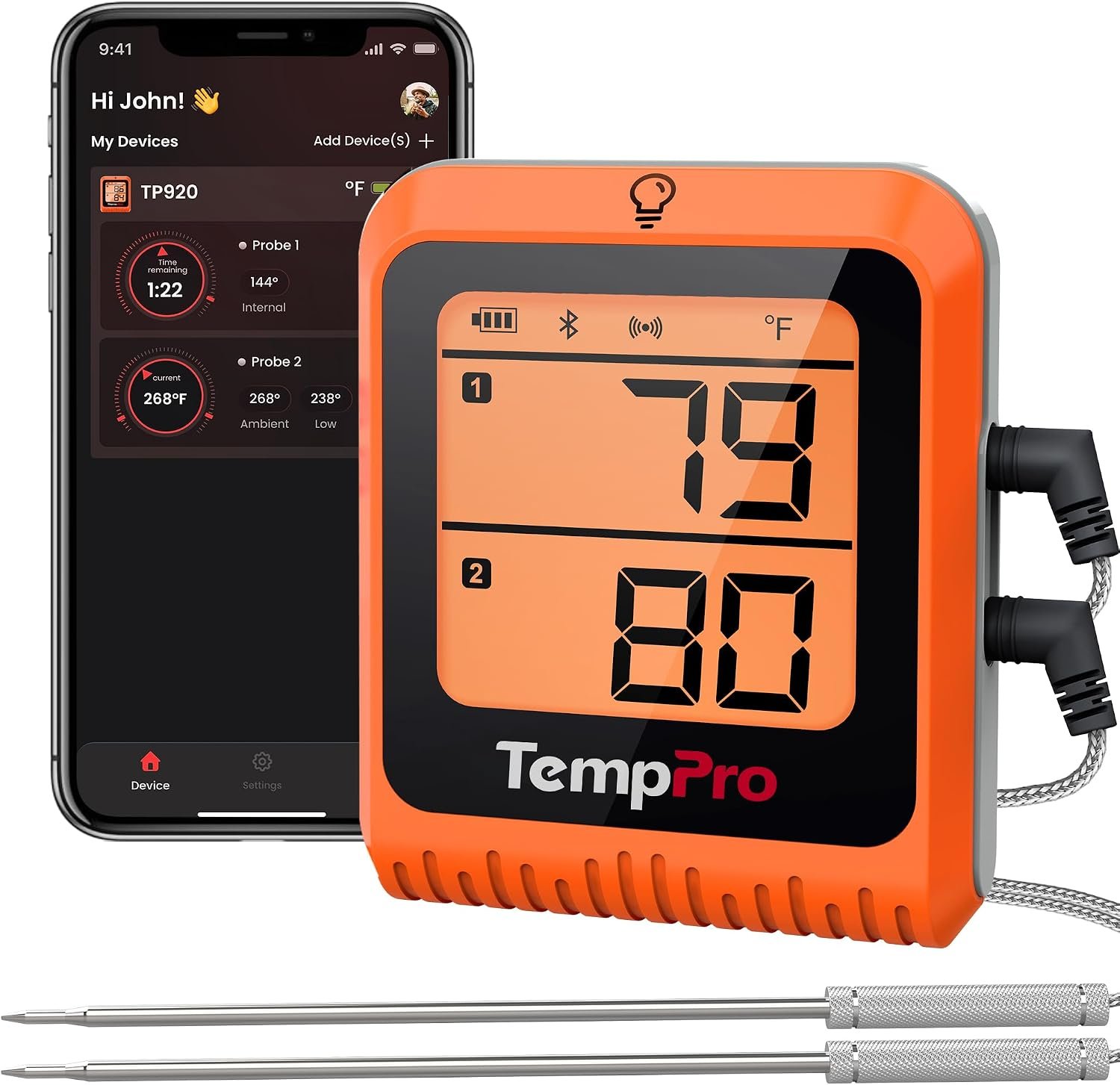 TempPro 650 ft Wireless Meat Thermometer Digital for Grilling and Smoking, 2 Probes Bluetooth Meat Thermometer for Cooking Turkey Fish Beef, Rechargeable Smoker Accessories for BBQ Oven