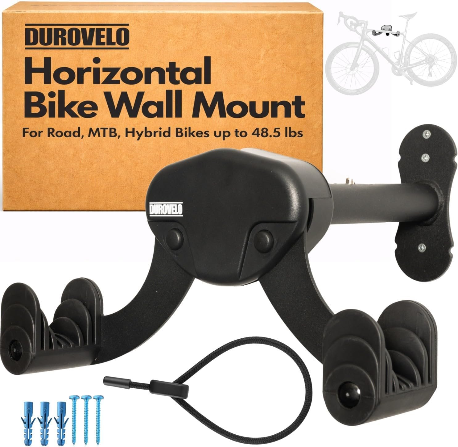 Bike Wall Mount – Horizontal Wall Hanger, Adjustable Design for Road, Mountain and Hybrid Bikes up to 48.5 lbs – Space-Saving Bike Rack for Garage or Apartment – Sturdy Indoor Bicycle Storage