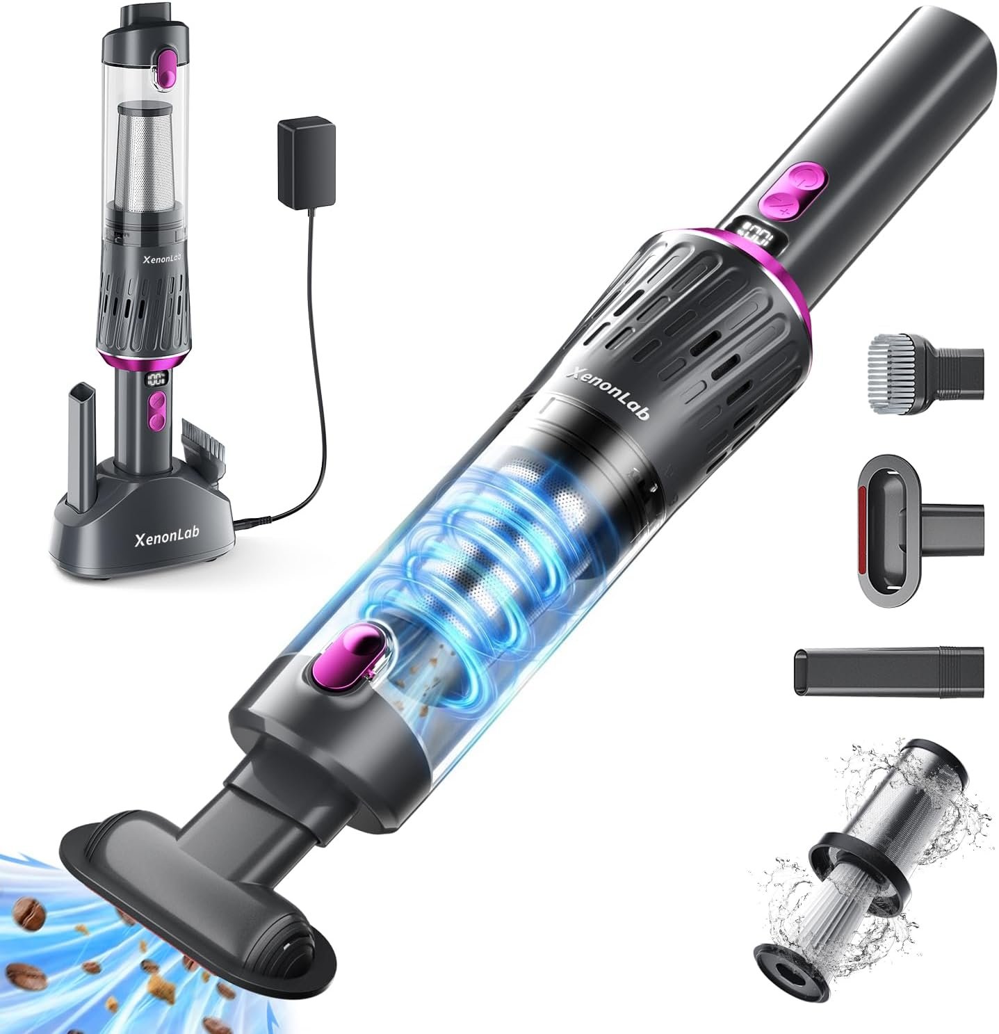 Handheld Vacuum Cordless 25000Pa Car Vacuum 3-in-1 Handheld Vacuum, Includes Smart Display and Charging Base Hand Vac Cordless Rechargeable One-Touch Empty for Home/Pet/Car (Violet)