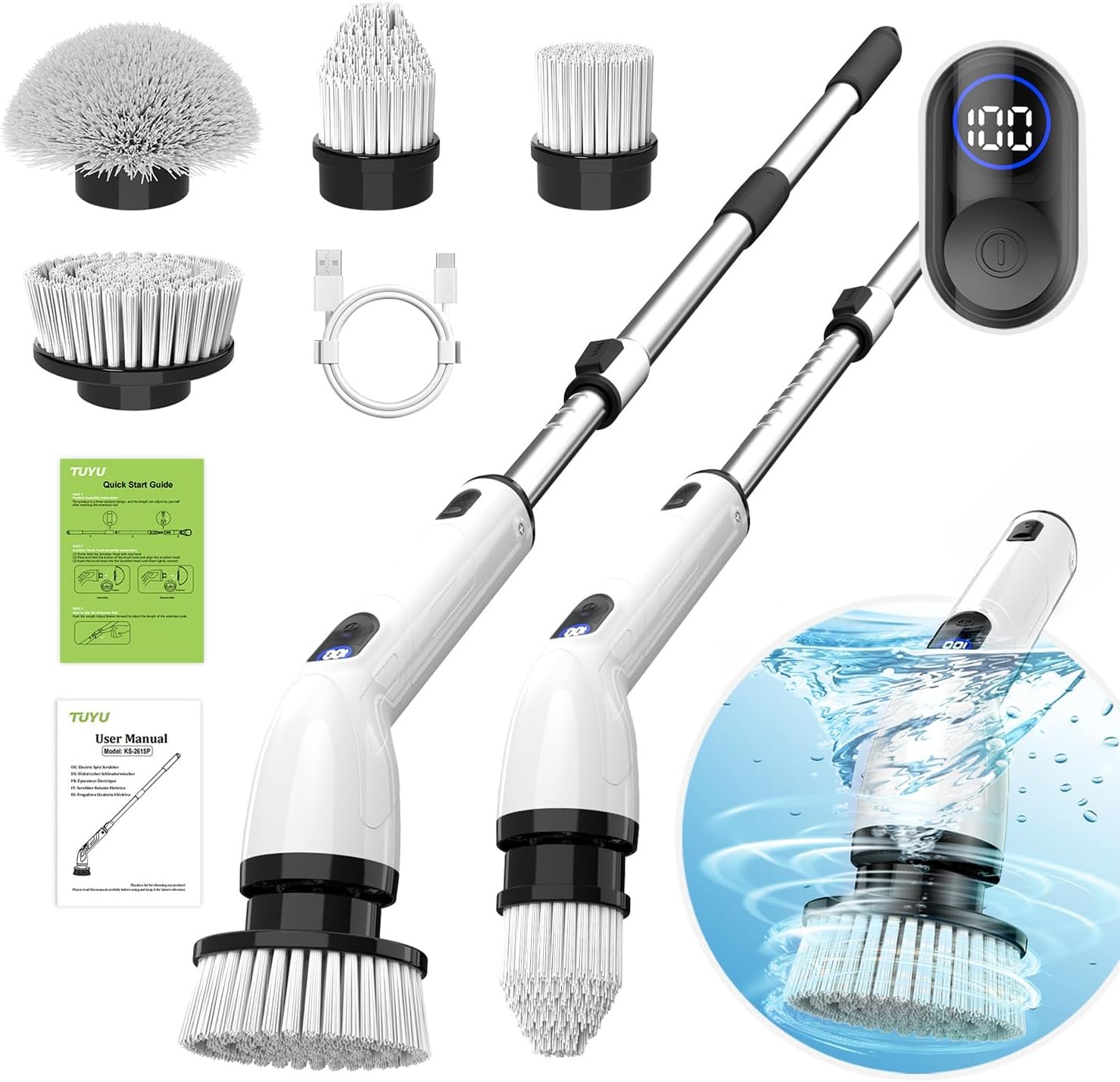 TUYU Electric Spin Scrubber,IPX7 Full-Body Waterproof Cordless Cleaning Tool, LCD Battery Indicator, Adjustable Extension Handle, 90-Minute Runtime for Bathroom, Kitchen, Glass, Car