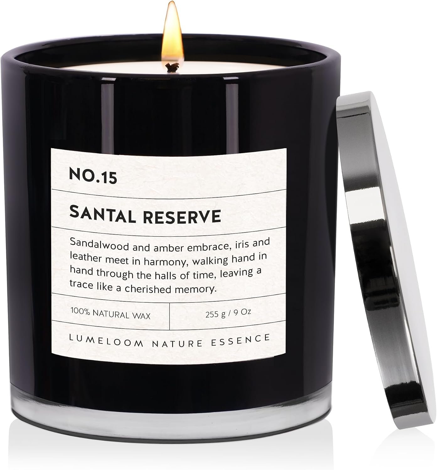 LUMELOOM Santal Reserve Luxury Scented Candles, 9oz Soy Wax Candles for Home Scented, Sandalwood, Amber, Iris & Leather Scent, Long Burning Time, Gifts for Women, Men, Sister, Teacher, Christmas
