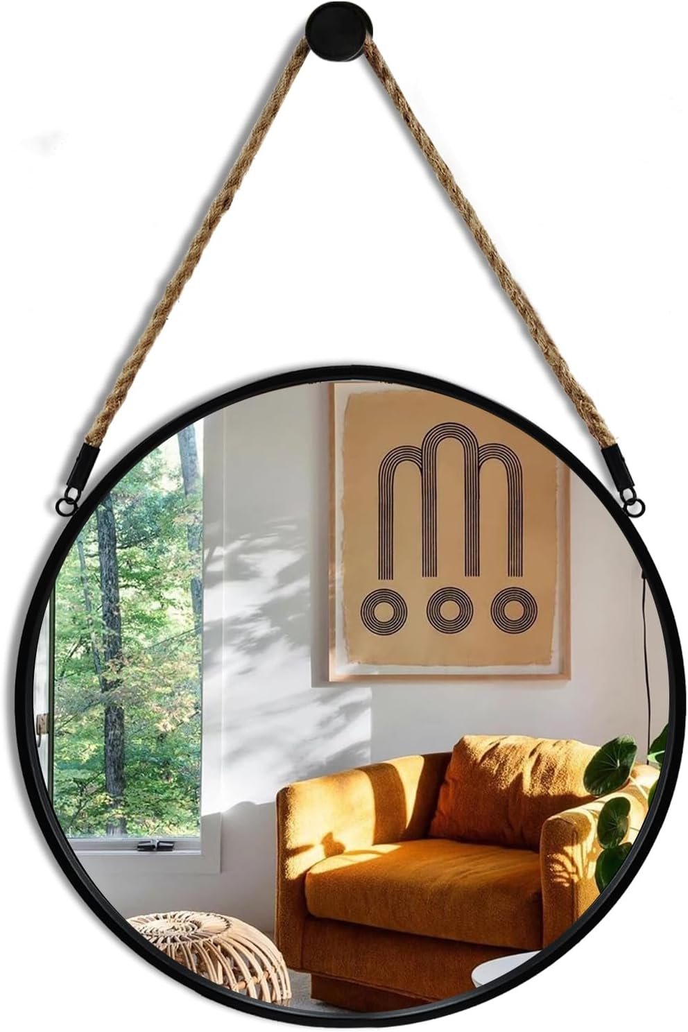POZINO Round Hanging Mirror with Rope, 15″ Circle Wall Mirror with Black Metal Frame, Farmhouse Decorative Mirror for Entryway, Living Room, Fireplace, Bedroom, Bathroom