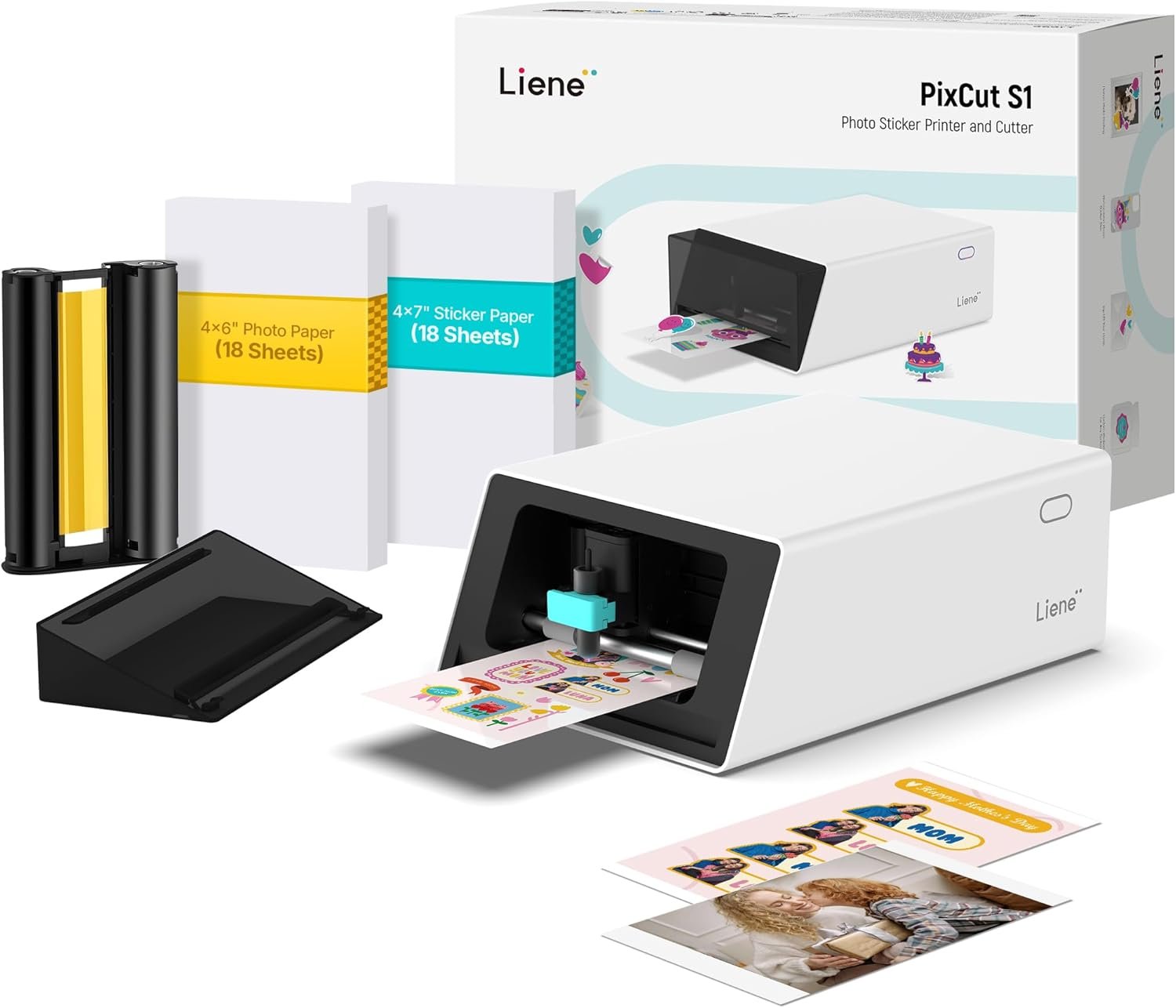 Liene PixCut S1 Color Sticker Printer & Cutting Machine – All-in-One Sticker Maker for DIY Crafts, Custom Labels & Gifts. Thermal Dye-Sublimation Photo Printer, 300 DPI, Precise AI Auto-Cutting