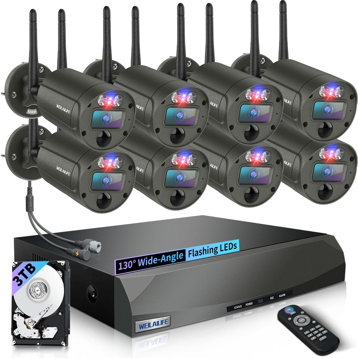 Outdoor Wireless Security Camera System, WiFi Surveillance System | 130° Wide View, 2-Way Audio, 90ft Night Vision, Motion Detection, No Monthly Fee, Remote Control Included