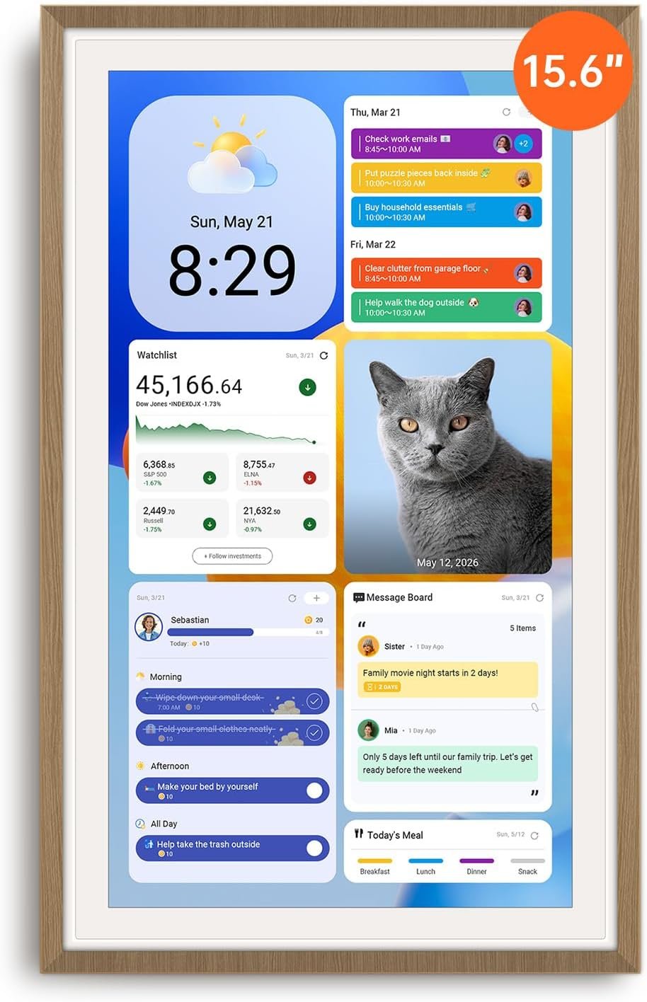 Apolosign 15.6-inch Digital Family Calendar, No Subscription Fee, Smart Wall Planner with Calendar Sync, Chore Chart & Touchscreen Display for Busy Families, Dual Mode, with Stand (Teak)