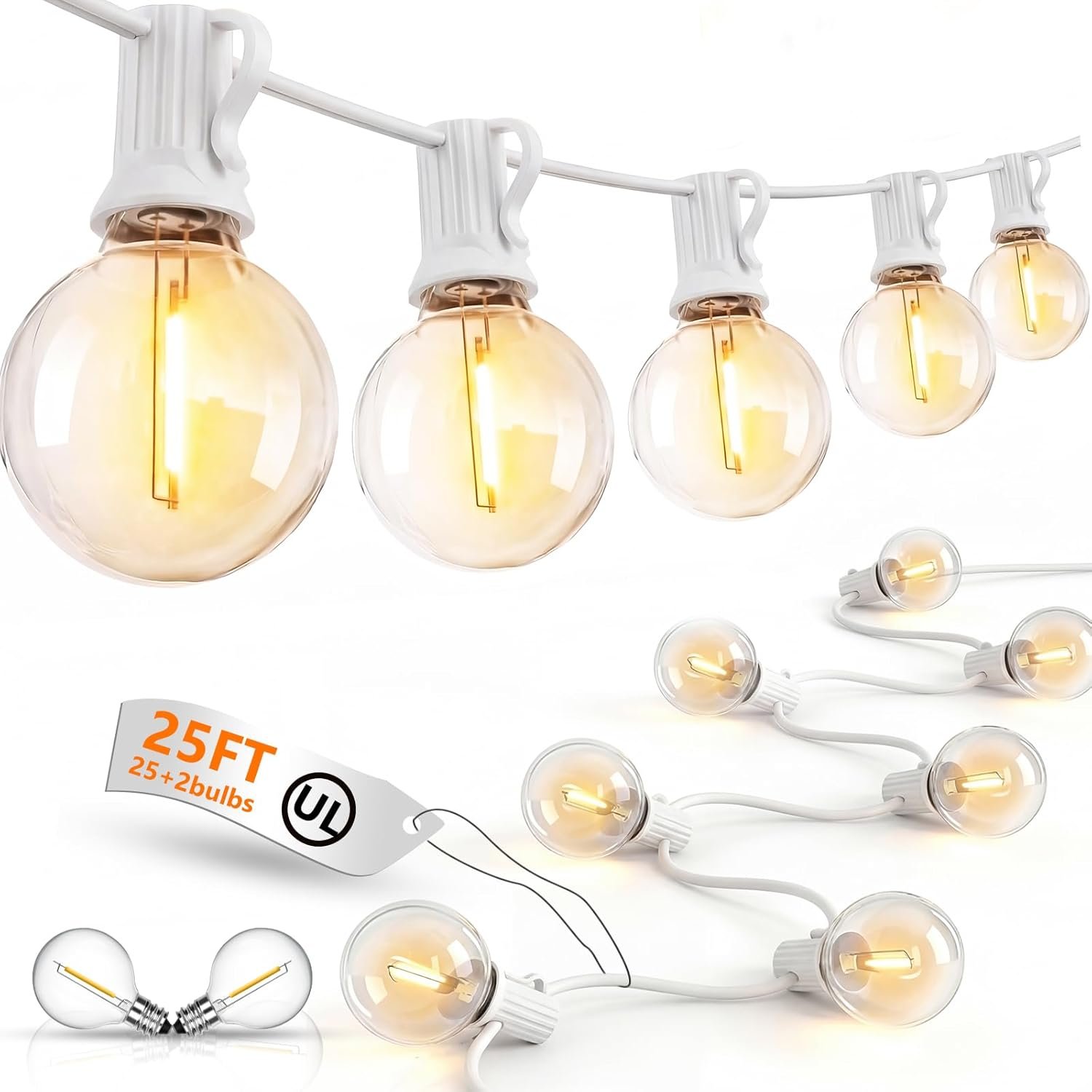 25Ft LED Outdoor String Lights, G40 Globe Patio String Lights Waterproof with 27 Shatterproof Bulbs, Hanging Outdoor Lights for Backyard Garden Bistro Wedding Party Christmas Decorations, White