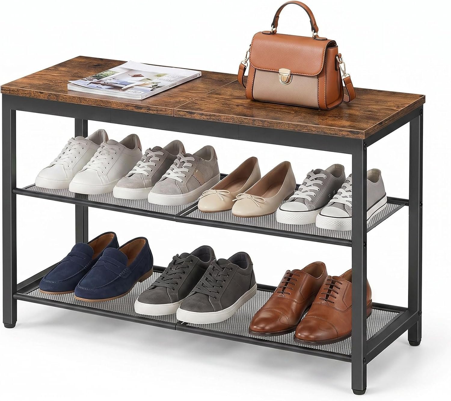 HOOBRO Shoe Bench, 3-Tier Shoe Rack, Industrial Shoe Organizer Storage Bench, 29.5 inches Entry Bench with Mesh Shelves, for Entryway, Living Room, Hallway, Easy Assembly, Rustic Brown BF75HX01