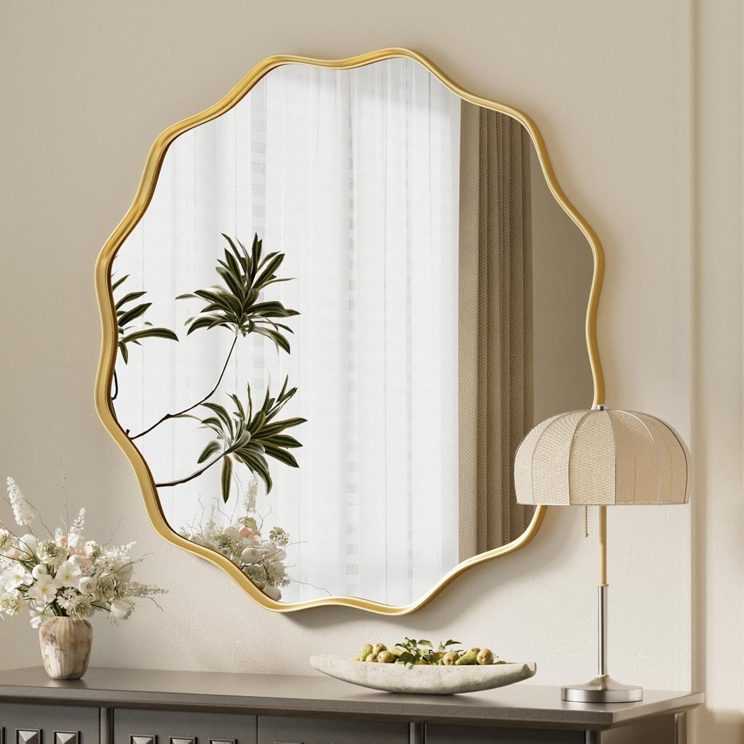 VooBang Gold Scalloped Circle Mirror, 30″ Wavy Edge Round Wall Mirror with Tempered Glass Textured Circular Metal Deep Frame, Hanging Leaning for Bathroom, Hallway, Entryway, Livng Room
