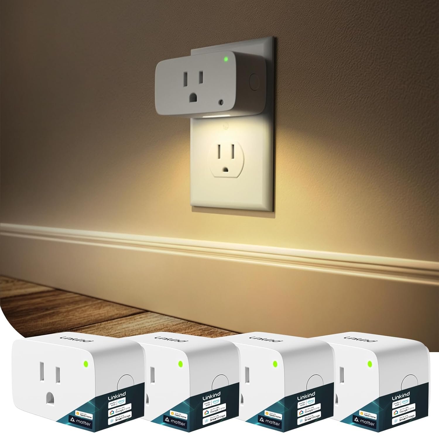 Linkind Matter Smart Plug 4 Pack, Night Lights Plug into Wall, Work with Alexa, Apple Home, Google, Timer Outlet 15A/1800W, ETL Certified, 2.4G WiFi, Dusk to Dawn 2700K, for Hallway, Bathroom, Kids