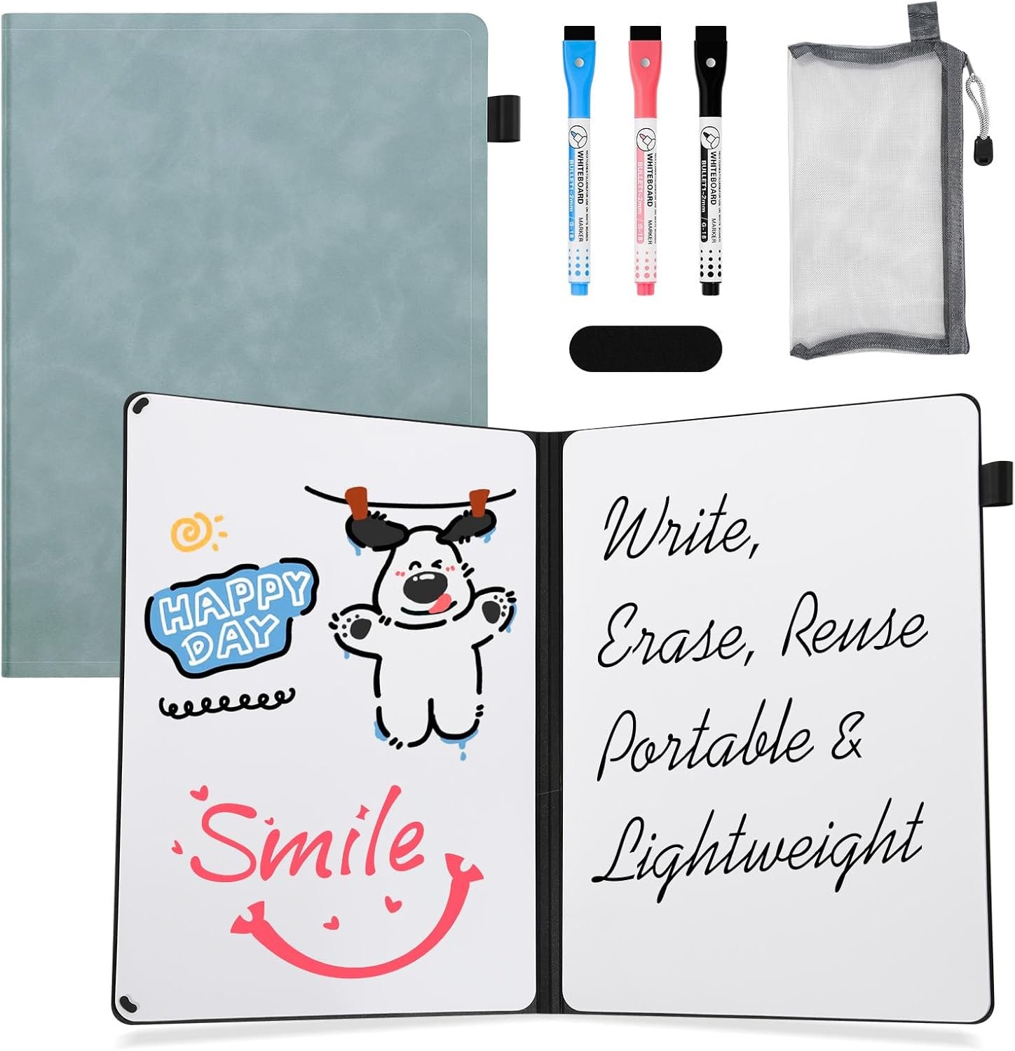 AGM Portable White Board Dry Erase Notebook, 12″ x 9″ Double Sided Folding Whiteboards with 3 Pens, Small Travel Dry Erase Board Skin-friendly Material for Study, Meeting, Planning, Ocean Blue