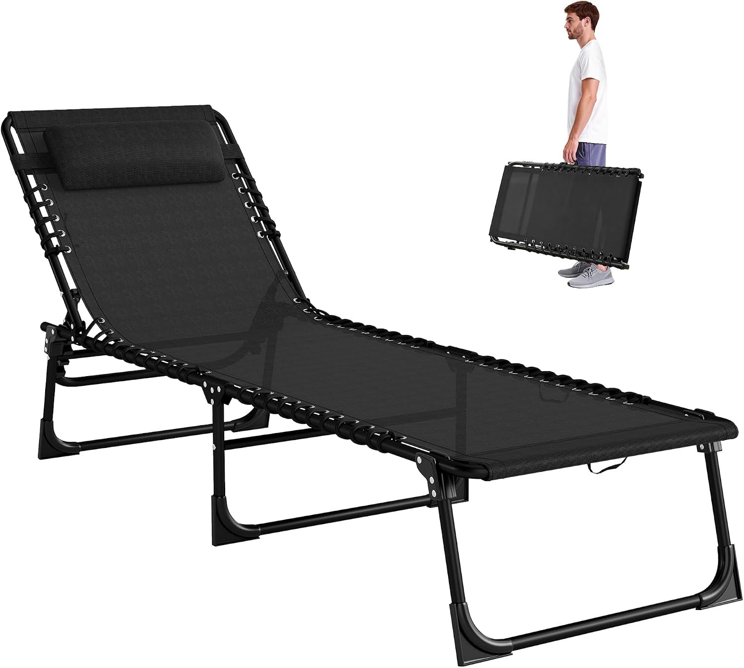 Outsunny Folding Chaise Lounge Chair, Patio Sun Tanning Chair, Outdoor Chaise Lounger with 4-Position Reclining Back, Breathable Mesh Seat for Beach, Poolside, Yard, Black