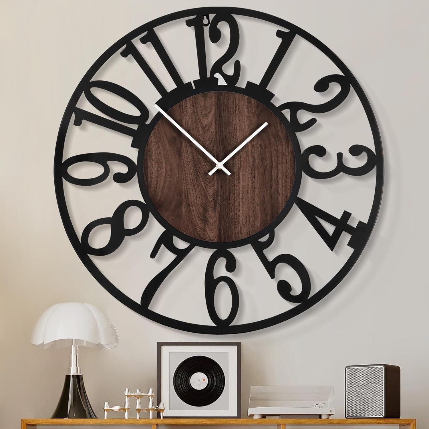 1st owned Wall Clock for Living Room -16″ Silent Non Ticking,Battery Operated,Black Metal, Antique Wood Clocks for Farmhouse,Dining Room,Bedroom,Kitchen Clock Wall Decor- Arabic Numerals