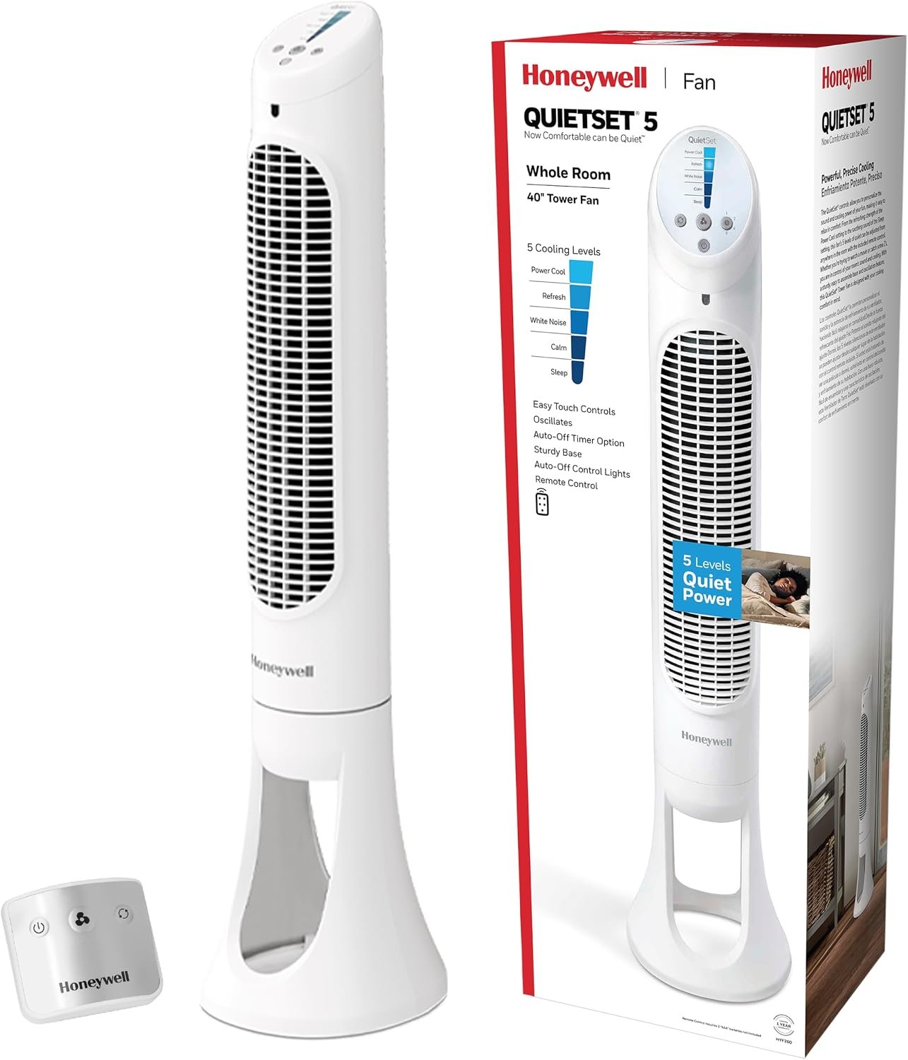 Honeywell QuietSet Whole Room Oscillating Tower Fan with Remote, White, HYF260